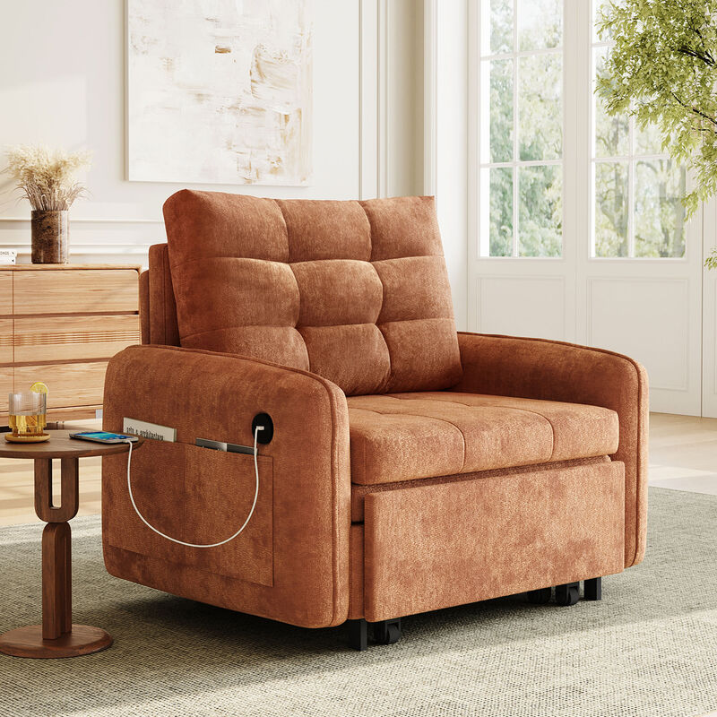 3-in-1 Sleeper Chair Chenille Sofa Bed, 80" Extra Long Pull Out Sleeping Lounge with USB Charging, Storage Pockets and Box image number 1