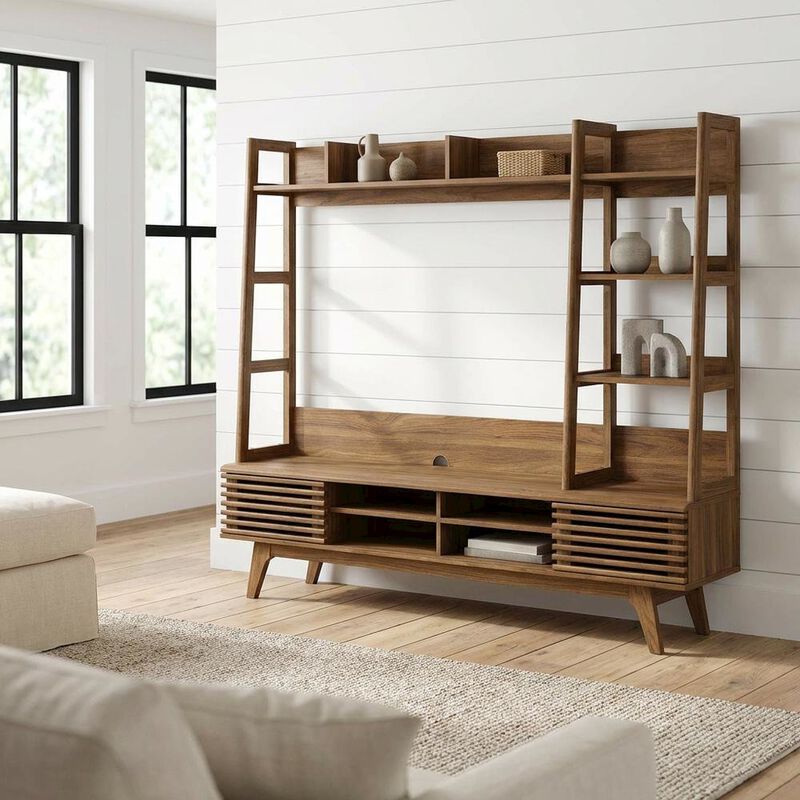 Brown Wood TV Stand Entertainment Center with Spacious Surface image number 3