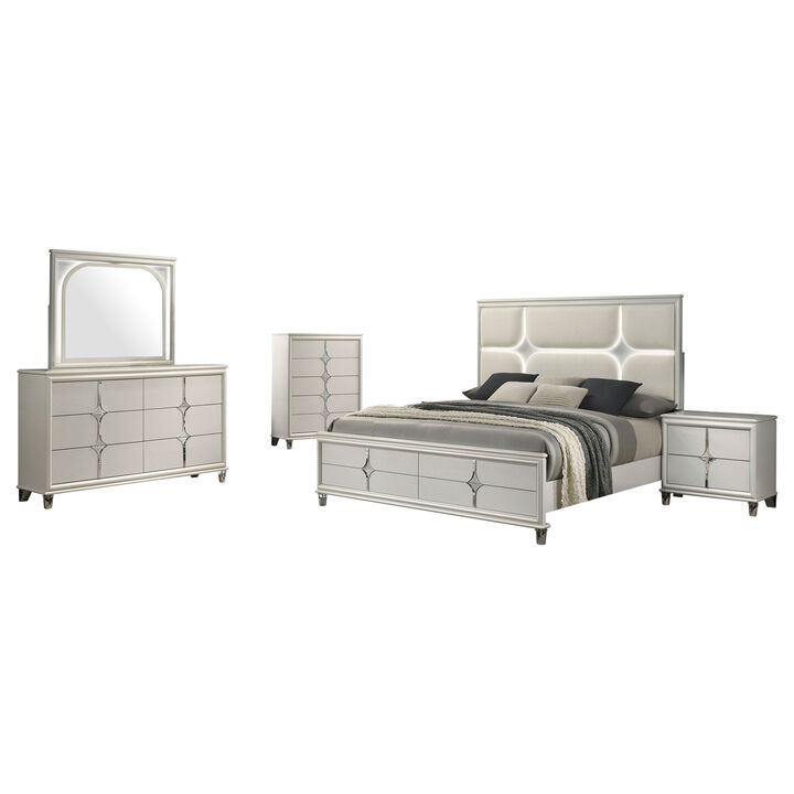 Ory 5pc Queen Bedroom Set, Touch LED, Diamond Star Design, White Wood