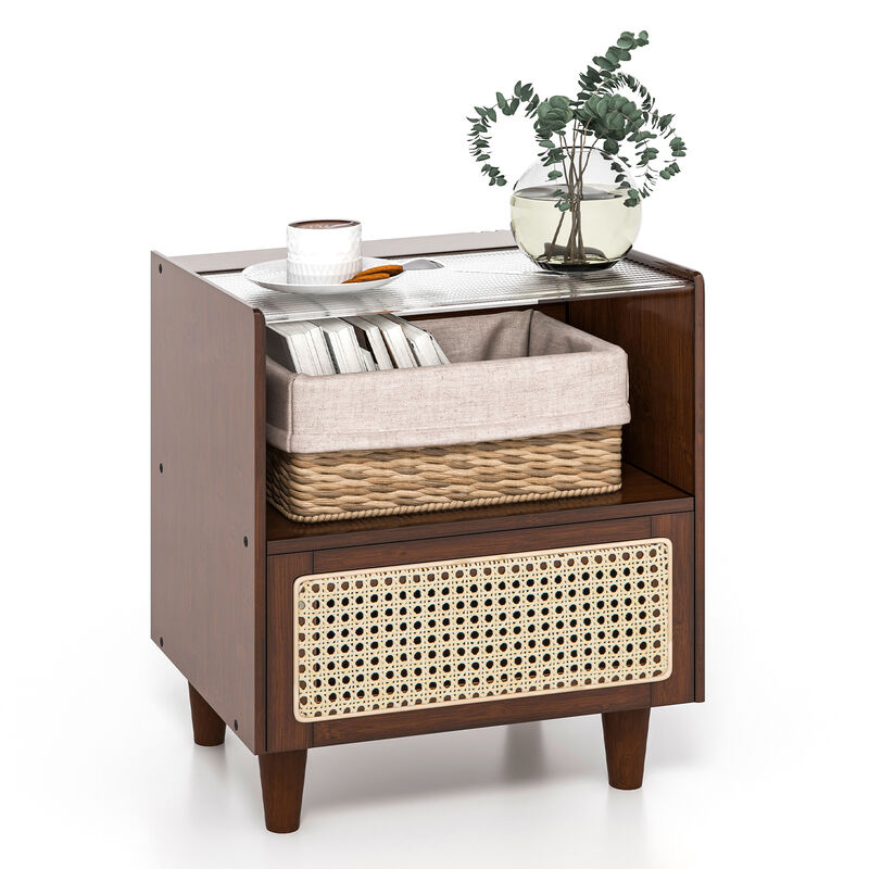 Bamboo Rattan Nightstand with Drawer and Solid Wood Legs