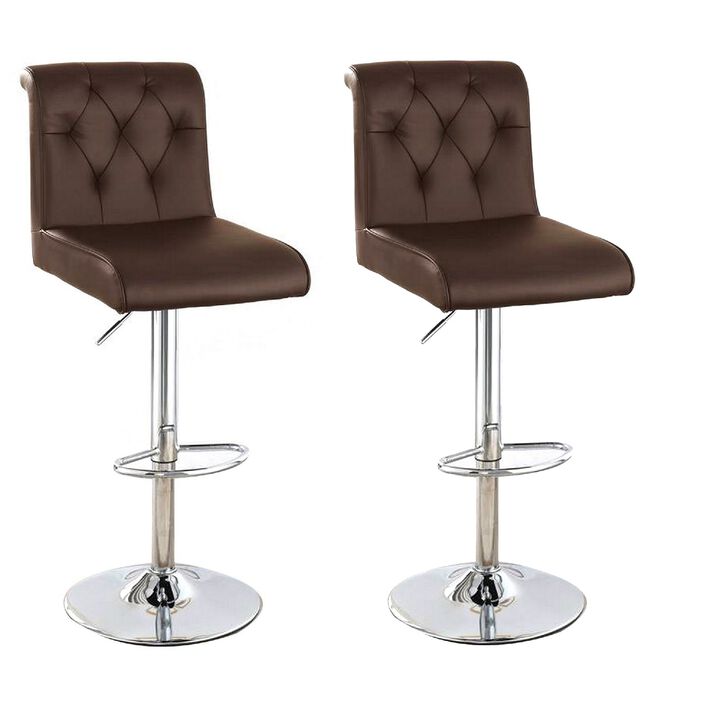 Adjustable Barstool with Rolled Button Tufted Back, Set of 2, Brown-Benzara