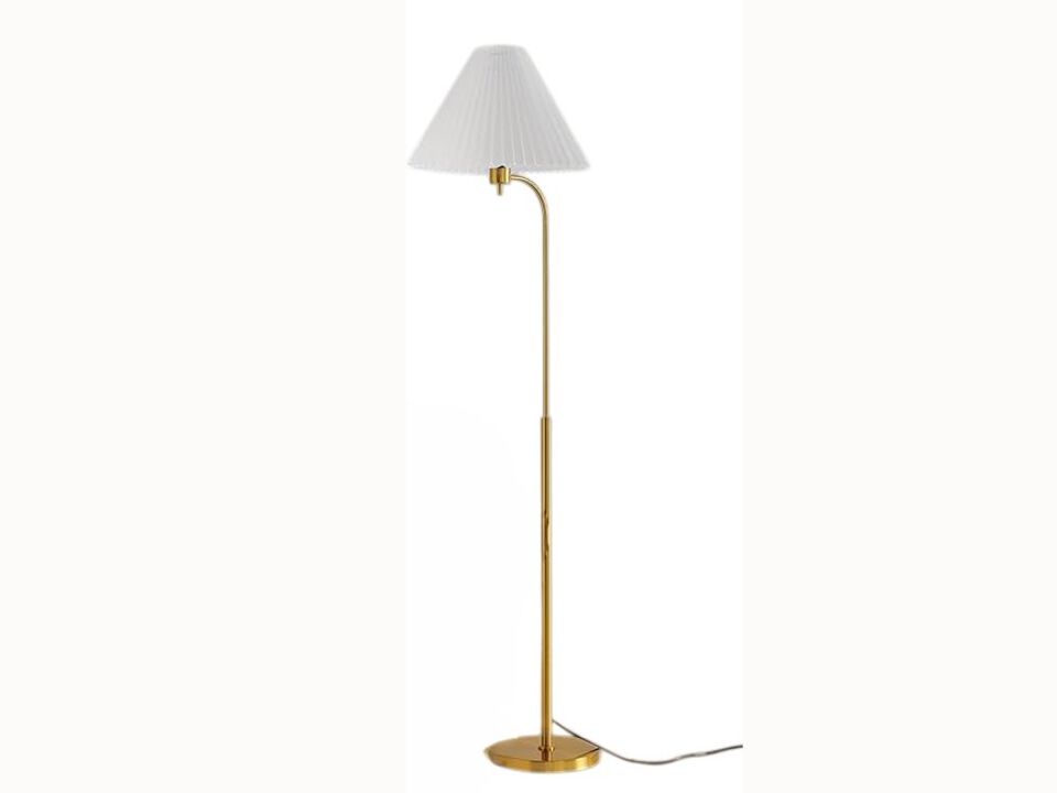 63" Mid-Century Floor Lamp – Brass Arc, Pleated Shade, Gold Finish, LED Ready