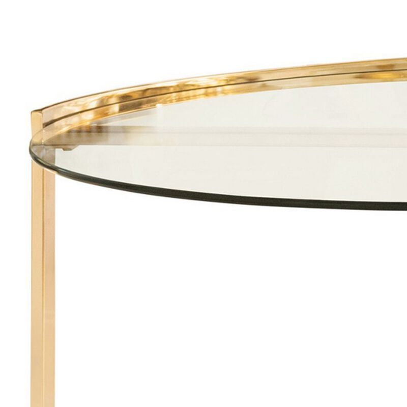 23 Inch Round Nesting Accent Tables, Glass Top, Metal Base, Set of 2, Gold