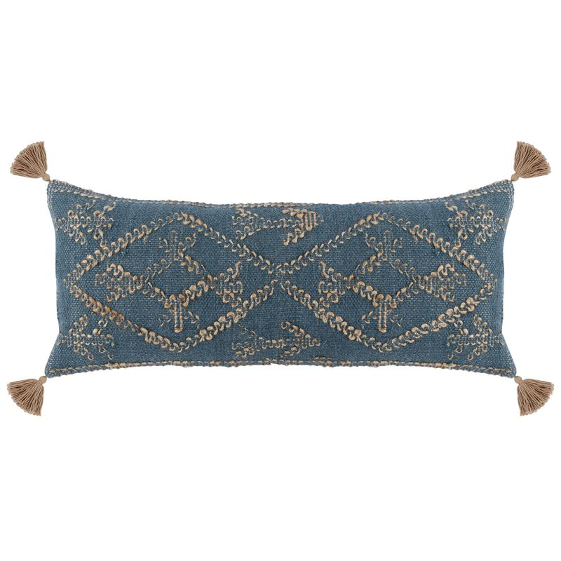 16 x 36 Accent Lumbar Pillow, Down, Blue Wool, Jute Woven Details, Tassels-Benzara