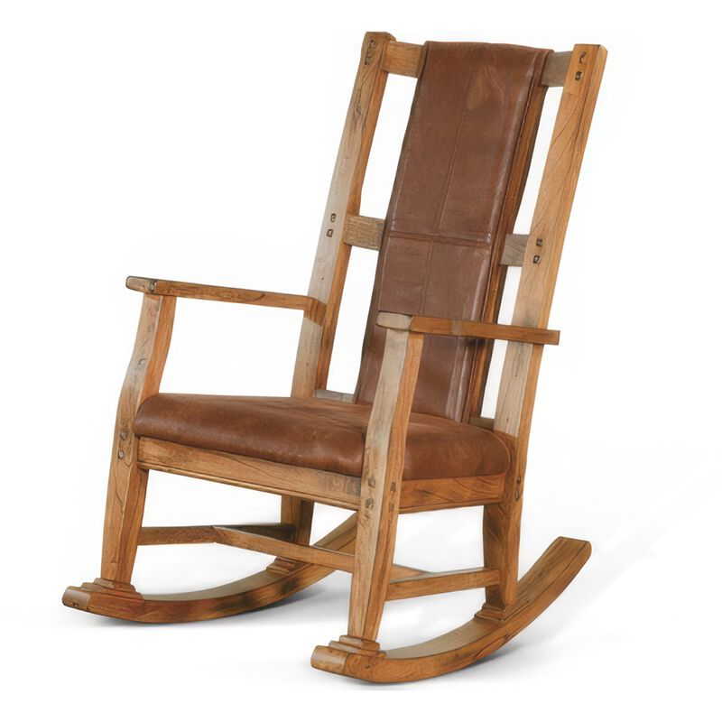 Marv Rocking Chair with Faux Leather Seat and Back, Rustic Oak Brown - Benzara