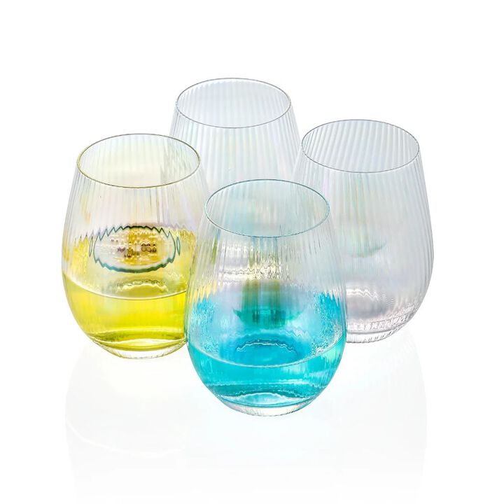Grassi Iridescent Stemless Wine Glasses Set - Unique Cute Gift Idea Set of 4