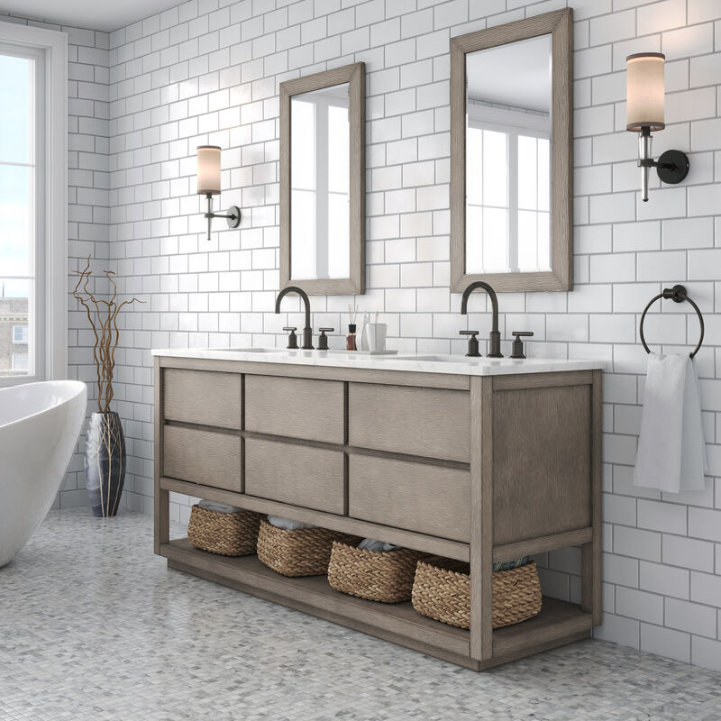 Oakman 72 In. Double Sink Carrara White Marble Countertop Bath Vanity in Grey Oak