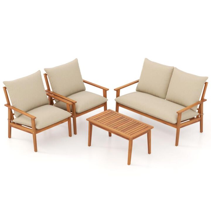 Hivvago 4 Pieces Outdoor Acacia Wood Conversation Set with Soft Cushions and Coffee Table