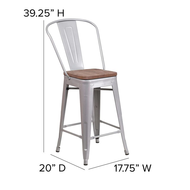 Flash Furniture Lily 24" High Silver Metal Counter Height Stool with Back and Wood Seat image number 3