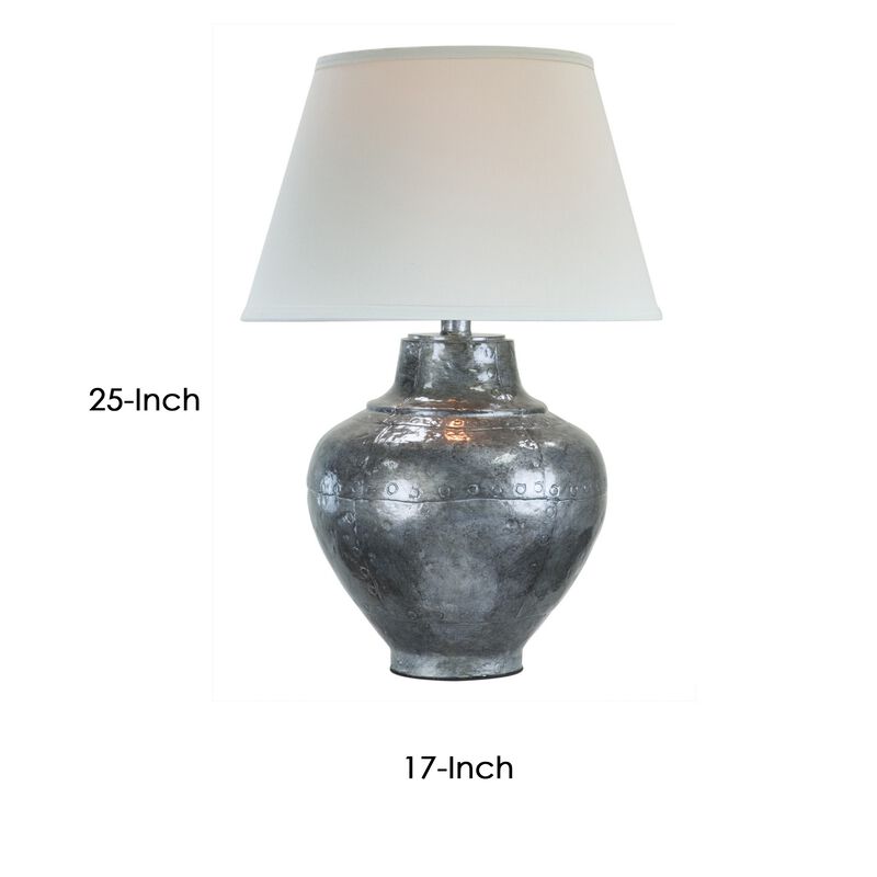 Rozy 25 Inch Table Lamp, Urn Shaped Base, Conical Shade, Industrial Silver - Benzara