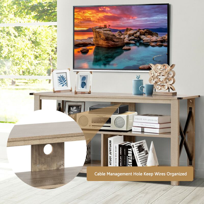 3 Tier Wood TV Stand for 55-Inch with Open Shelves and X-Shaped Frame