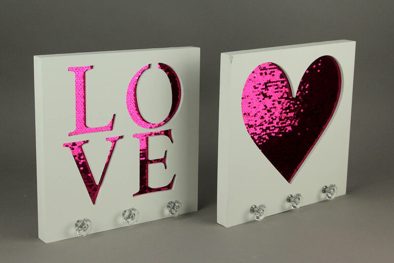 White Wood Pink Sequins Heart and Love Wall Hook Plaques 2 Piece Set image number 1