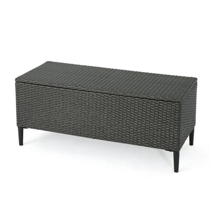 Gert Outdoor Wicker Bench with Storage, 42 Inch Iron, Gray Rattan - Benzara