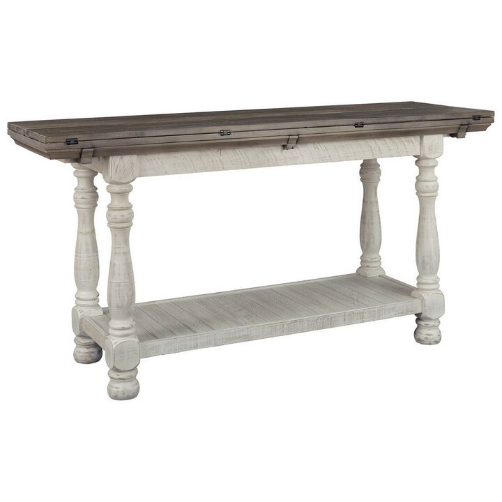 Flip Top Wooden Sofa Table with Open Bottom Shelf, Brown and Antique White-Benzara