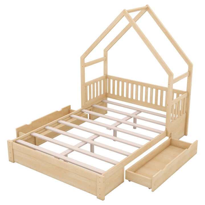 Merax Wood Queen Size House Platform Bed with Guardrail and 2 Drawers