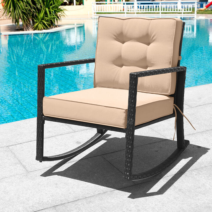 Outdoor Brown Rattan Glider Rocking Chair with Cushioned Seat for Patio