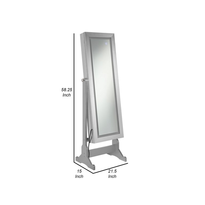 58 Inch Full Body Floor Cheval Mirror, Jewelry Storage, LED, Silver - Benzara