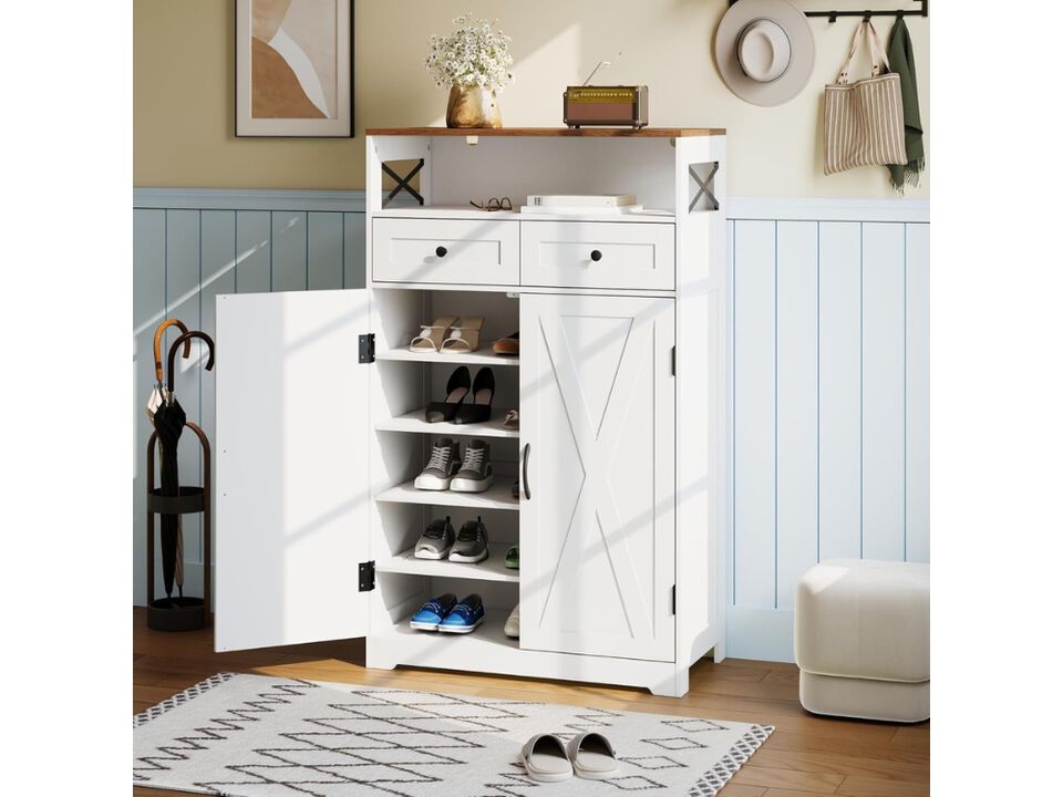 Slim Entryway Shoe Storage Cabinet Adjustable Shelves White