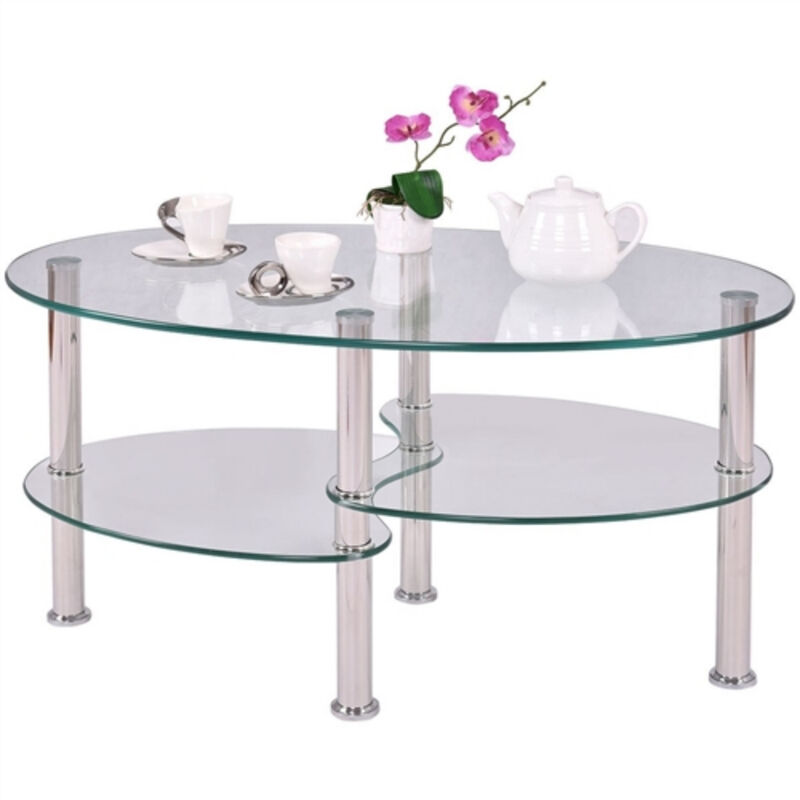 Stylish Oval Glass Coffee Table with Tempered Glass Top and Storage Shelf