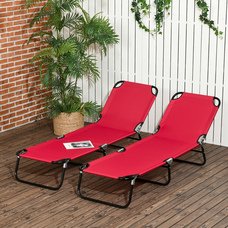 Outsunny 2 Piece Folding Chaise Lounge Pool Chairs, Outdoor Sun Tanning Chairs with Pillow, 5-Level Reclining Back, Steel Frame & Breathable Mesh for Beach, Yard, Patio, Red