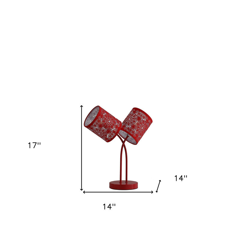 Hivvago 17" Red Metal Two Light Table Lamp With Red Abstract Drum Shade