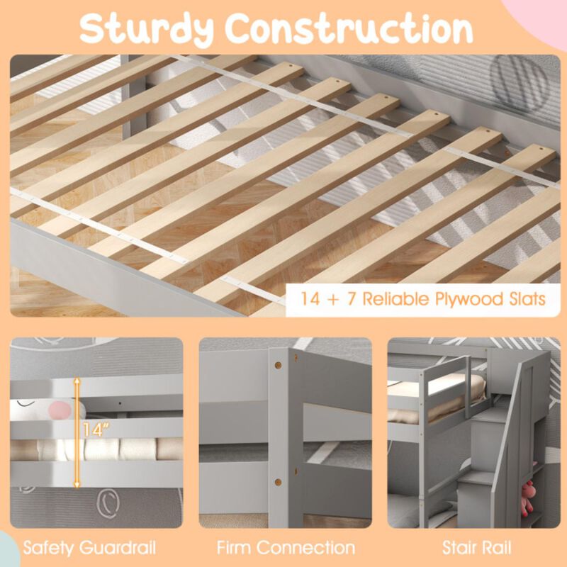 Hivvago Home Wood Bunk Bed with Guard Rail and 4-step Storage Stairs No Box Spring Needed