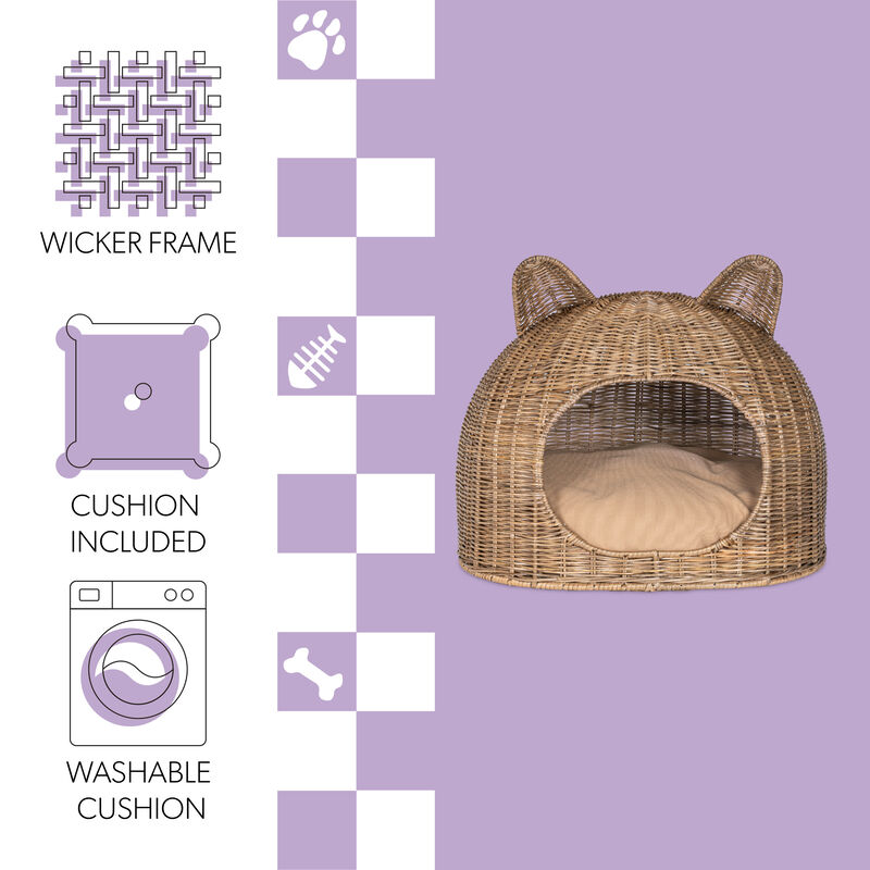 Cat Ear 20" x 14.5" Coastal Handwoven Rattan Cat Bed with Machine-Washable Cushion, Natural