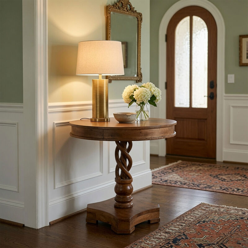 30 Inch Handcrafted Round Mango Wood Dinette, Artisanal Twisted Pedestal Base, Walnut Brown image number 4