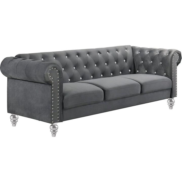 Velvet Fabric Sofa with Rolled Arms in Gray, Elegant Living Room Seating