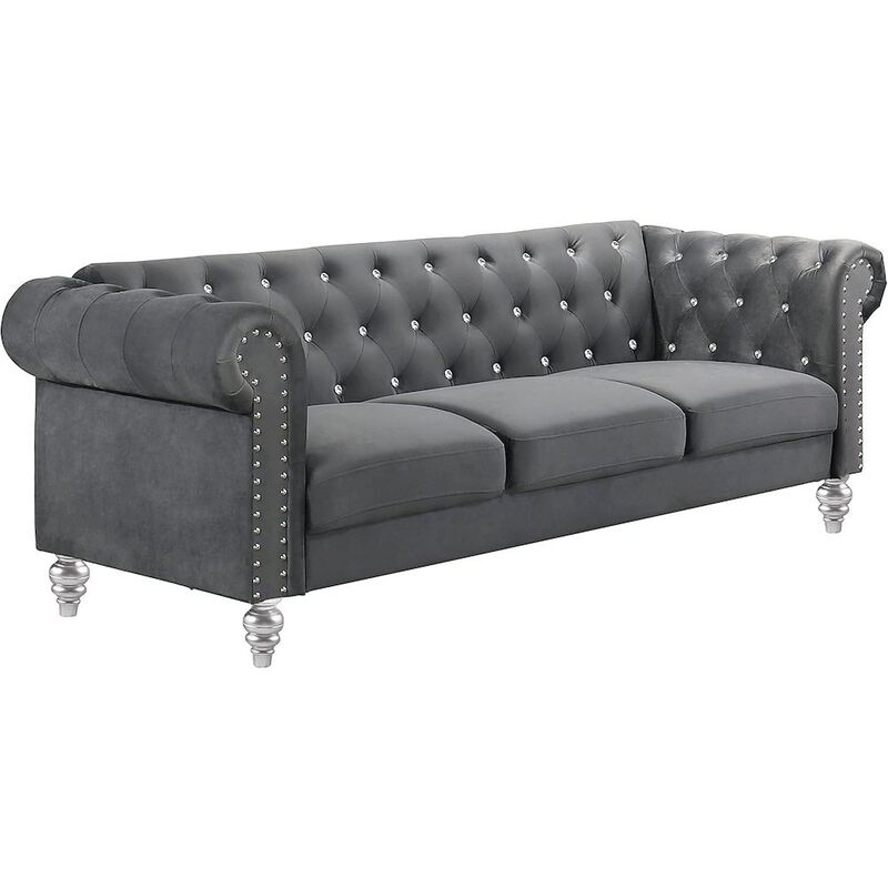 Velvet Fabric Sofa with Rolled Arms in Gray, Elegant Living Room Seating image number 0
