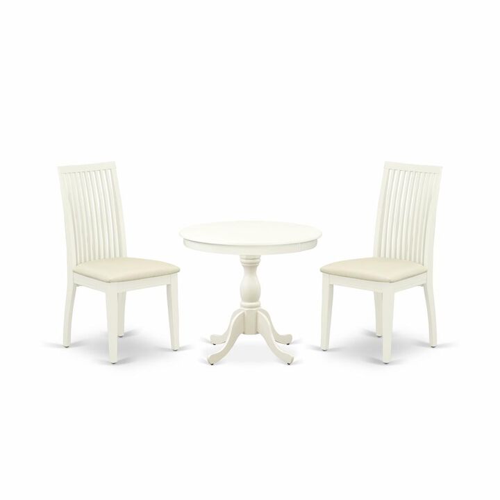 AMIP3-LWH-C 3 Piece Dining Table Set - 1 Dinner Table and 2 Linen White Kitchen Chairs - Linen White Finish