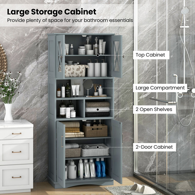 Large Bathroom Storage Cabinet with Acrylic Doors and 3 Open Compartments