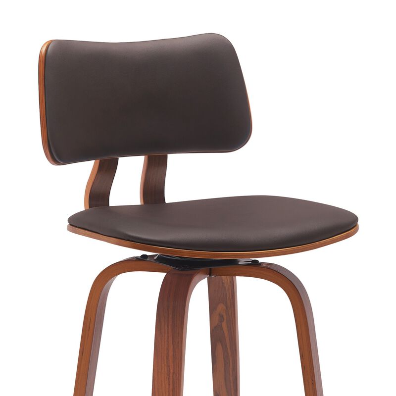 Pino 30 Inch Swivel Barstool Chair, Brown Faux Leather Walnut Brown Wood - Benzara