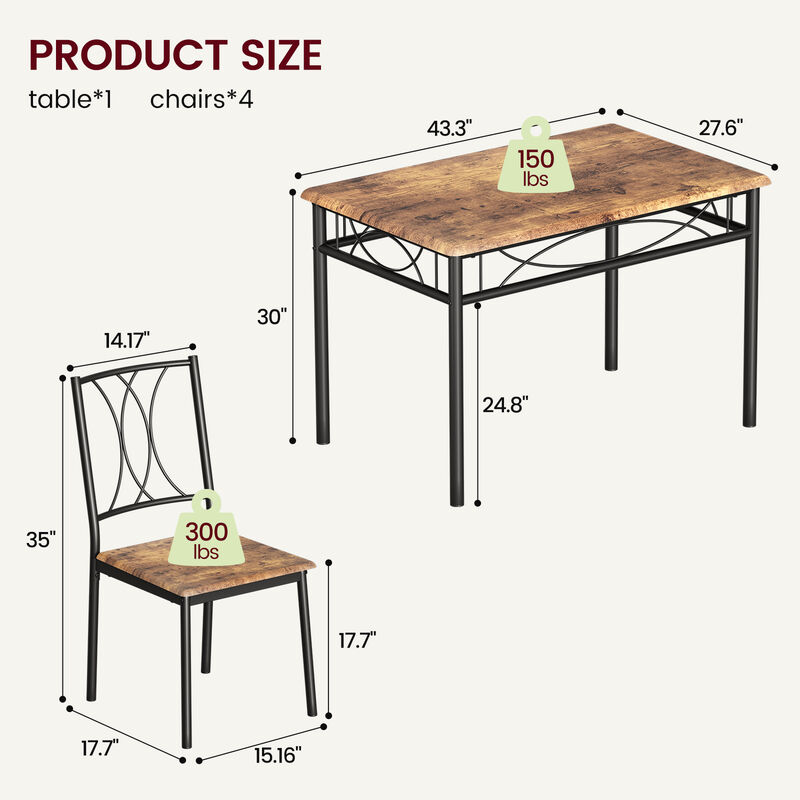 Space-Saving 5-Piece Dining Set for 4 &ndash; Rectangular MDF Table & Upholstered Chairs &ndash; Metal Frame &ndash; Ideal for Small Apartments image number 4