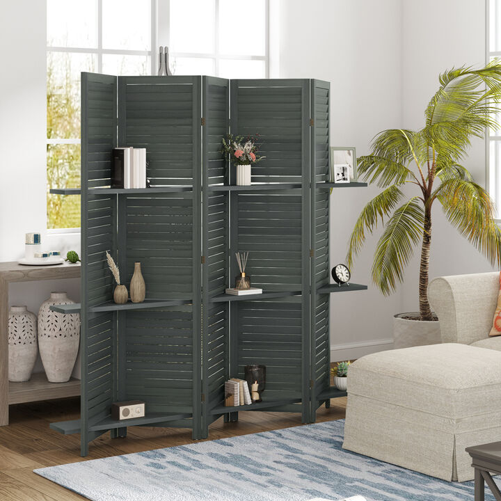 Hivvago 5-Panel Wood Room Divider with Shelves and Storage