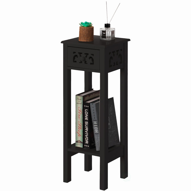 Acacia Wood Slim Bedside Table with Minimalist Design and Space-Saving Functionality, Wood Drawer and Open Shelf Side Table, White