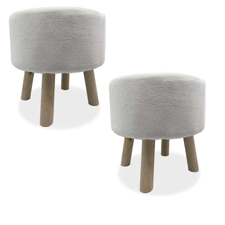 Ginni Footstool Ottoman Set of 2, White Polyester, Soft Seat, Wood Legs - Benzara