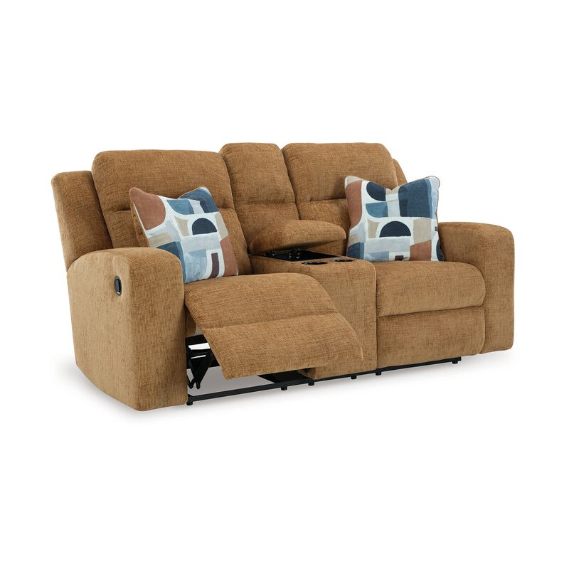 Damon Double Reclining Loveseat, Camel Brown Polyester, 2 Pillow - Benzara