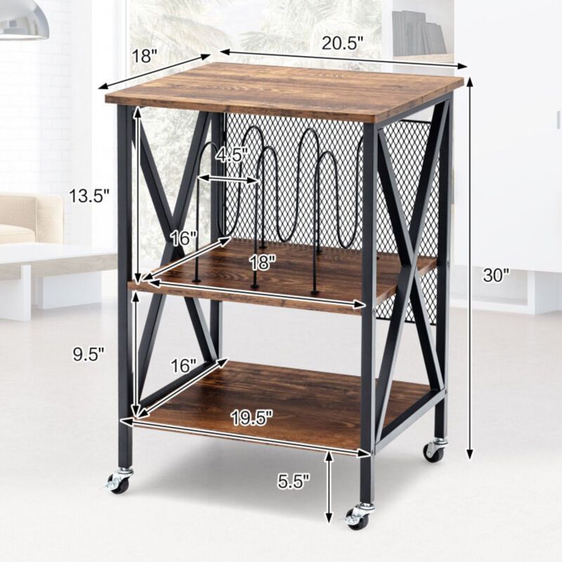 3 Tiers Vintage Style Rolling End Table with 3 Dividers for Albums