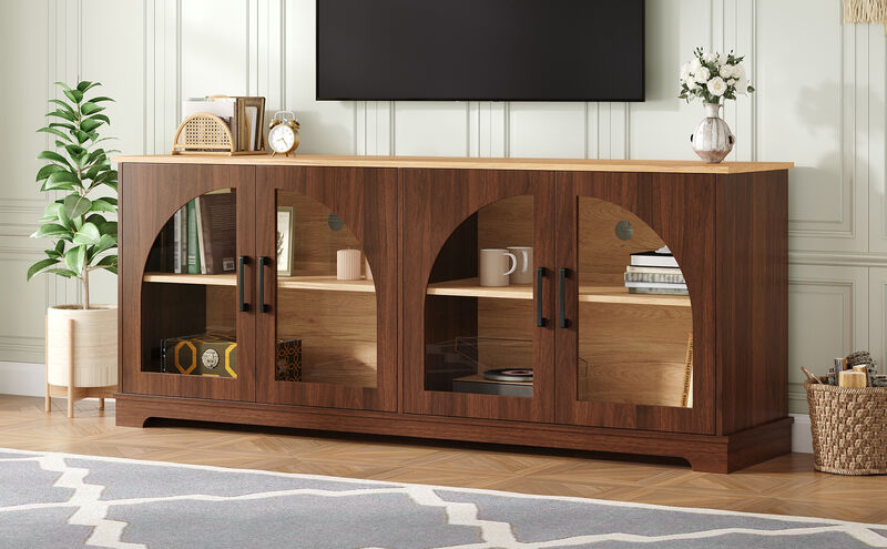 TATEUS Elegant Farmhouse Media Sideboard with Semi-Arched Glass Doors, 70" TV Stand Cable Management image number 1