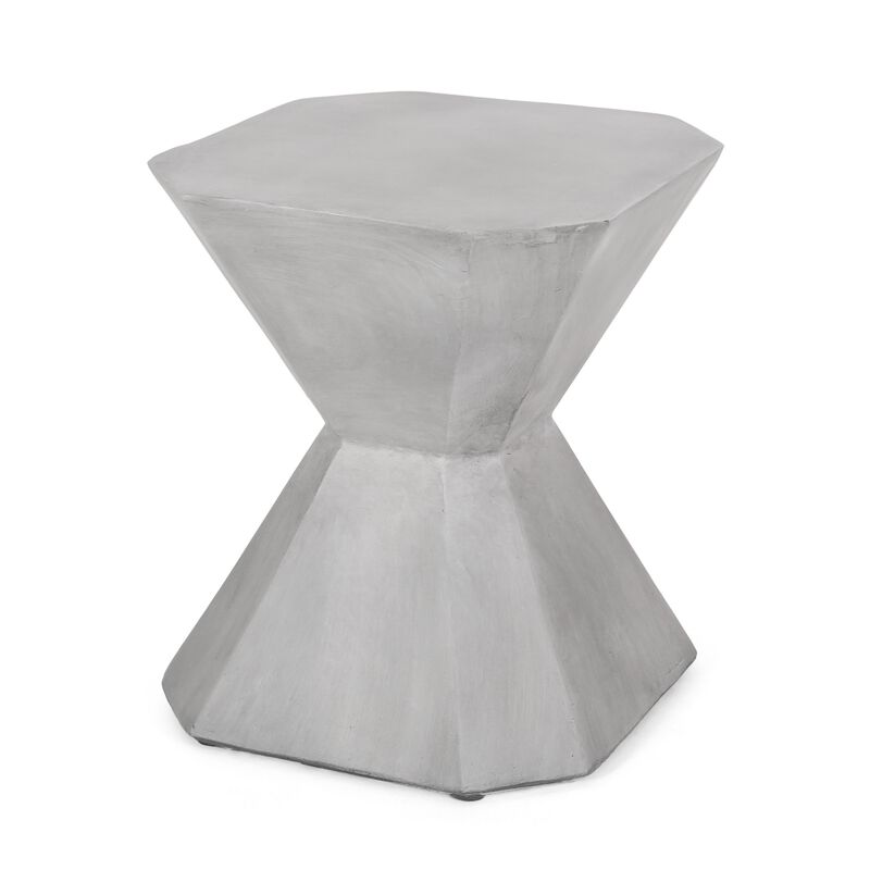 Outdoor End Table, Modern Hourglass Shape, 17 Inch, Natural Concrete - Benzara