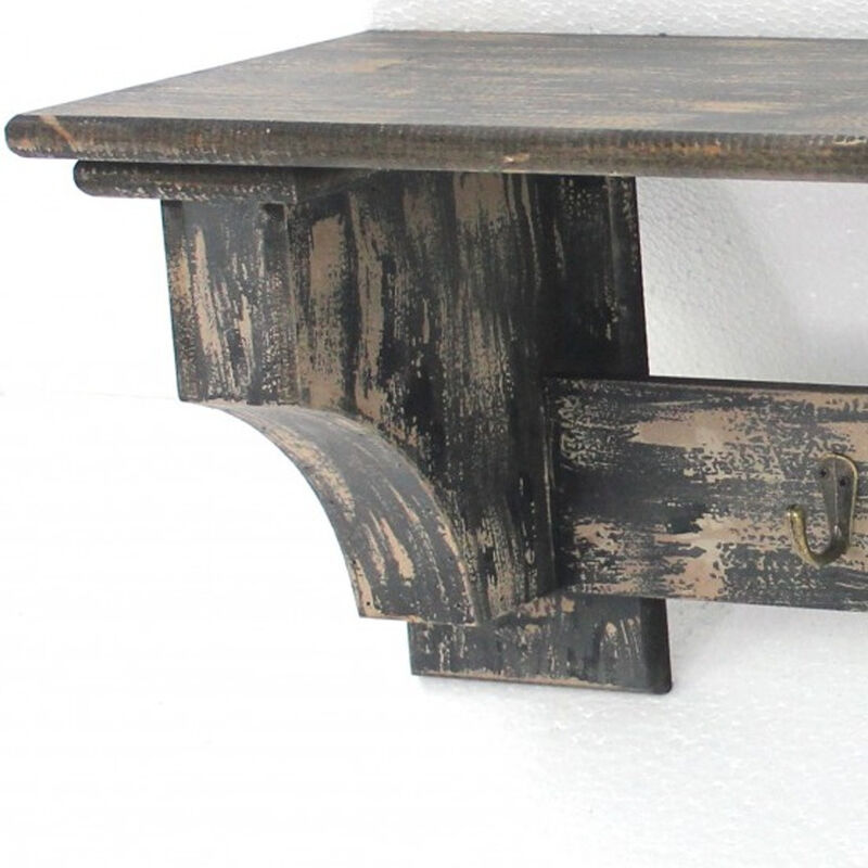 Vintage Wall Shelf with Wooden Design and Four Metal Hooks