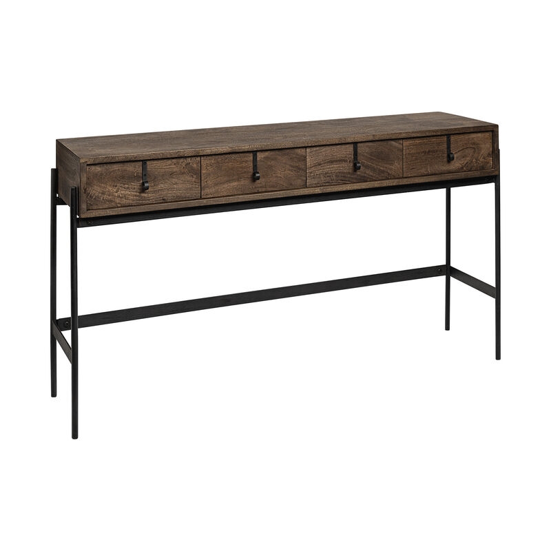 HomeRoots 56" Brown and Black Solid Wood and Metal Distressed Console Table With Four Drawers image number 5