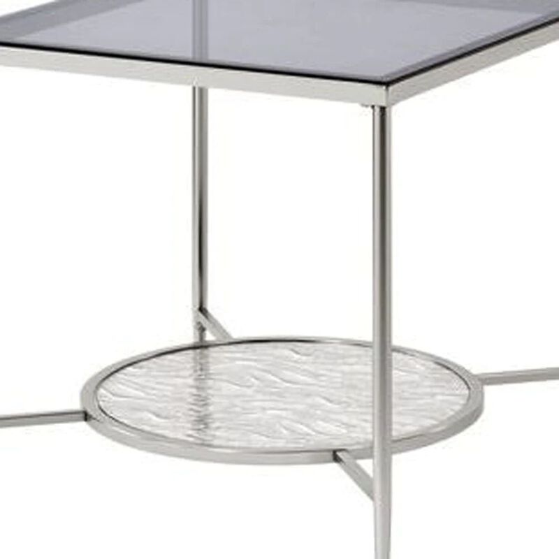 Homezia 24" Chrome And Clear Glass And Metal Square End Table With Shelf