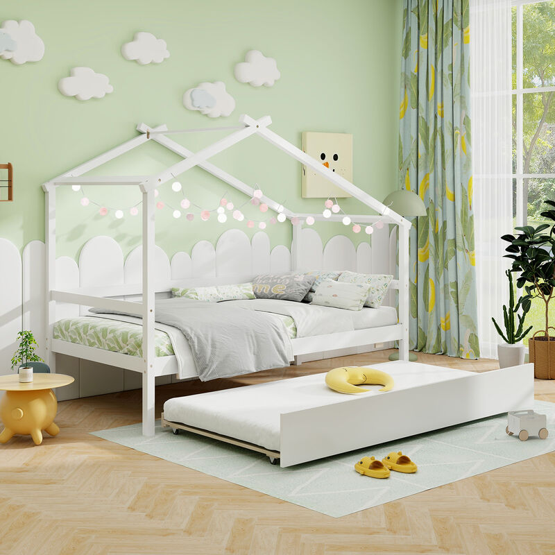 House Bed with Trundle and Roof &ndash; Space-Saving Fun Bed for Kids&rsquo; Room