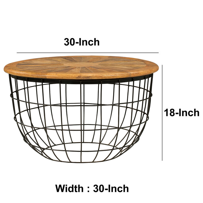 Round Mango Wood Coffee Table with Wooden Top and Nesting Basket Frame, Brown and Black-Benzara