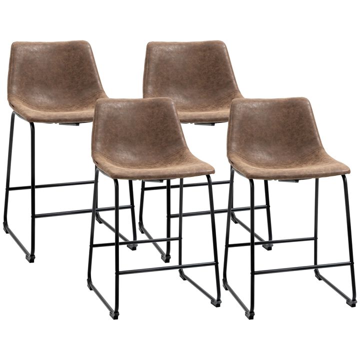Counter Height Bar Stools, Vintage PU Leather Barstools with Footrest for Dining Room, Home Bar, Kitchen, Set of 4, Brown