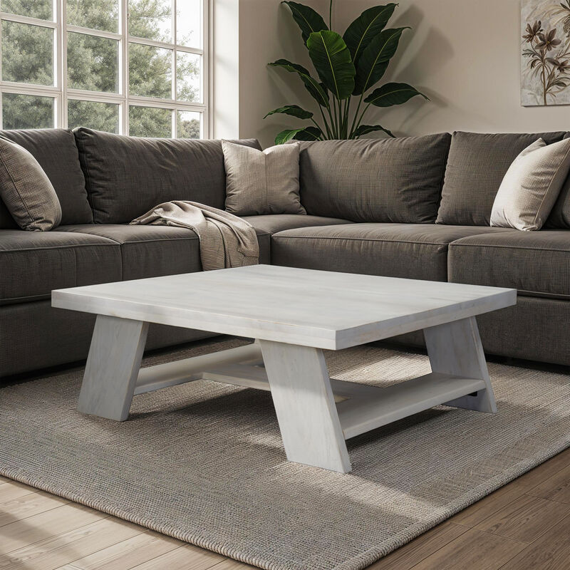 Aya 40" Square Coffee Table | Biscotti White Mango Wood | Bold Angled Legs