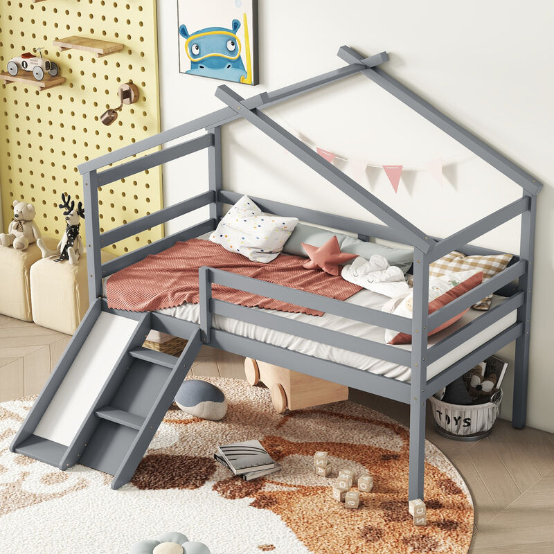 Whisen Twin Low Loft House Bed with Fun Slide, Secure Ladder, and Playful Roof Frame image number 1