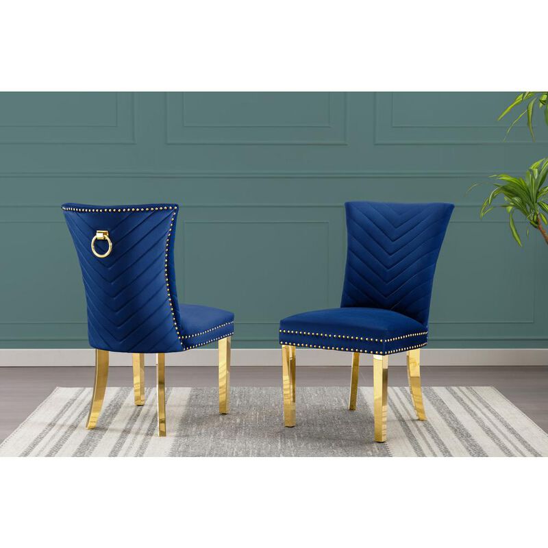 Best Quality Furniture Navy Blue Velvet Side Chairs With Gold Base (Set Of 2)
